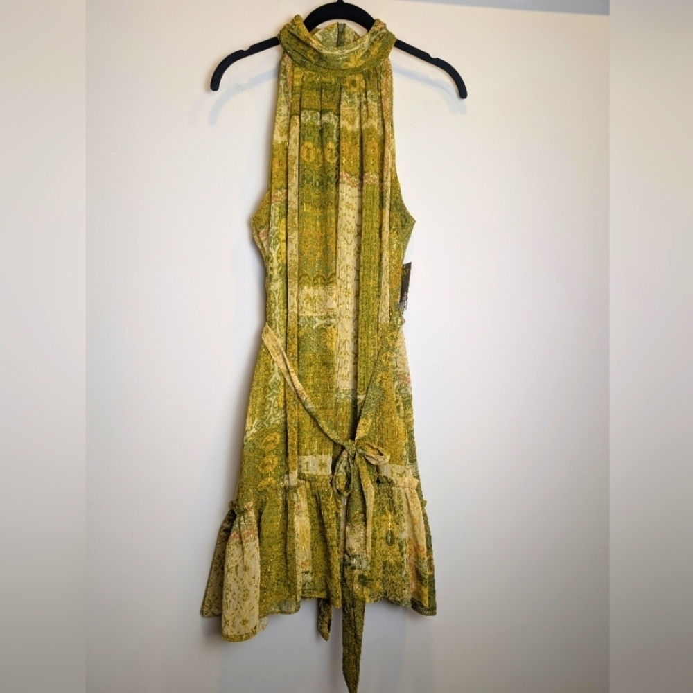 Taylor Green Gold Metallic Halter A-Line Dress Petite Party Brunch Size 10P - Picture 3 of 11